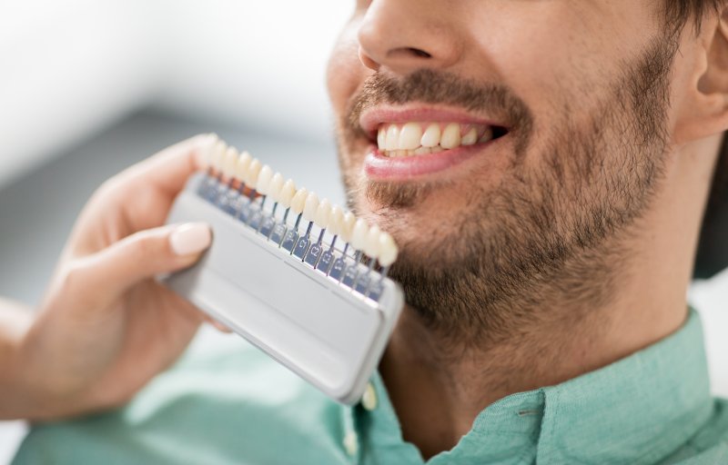 Dentist showing patient veneer options